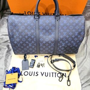 Louis Vuitton Keepall Bandouliere 50 Giant Monogram Shadow Blue Travel Bag Leath